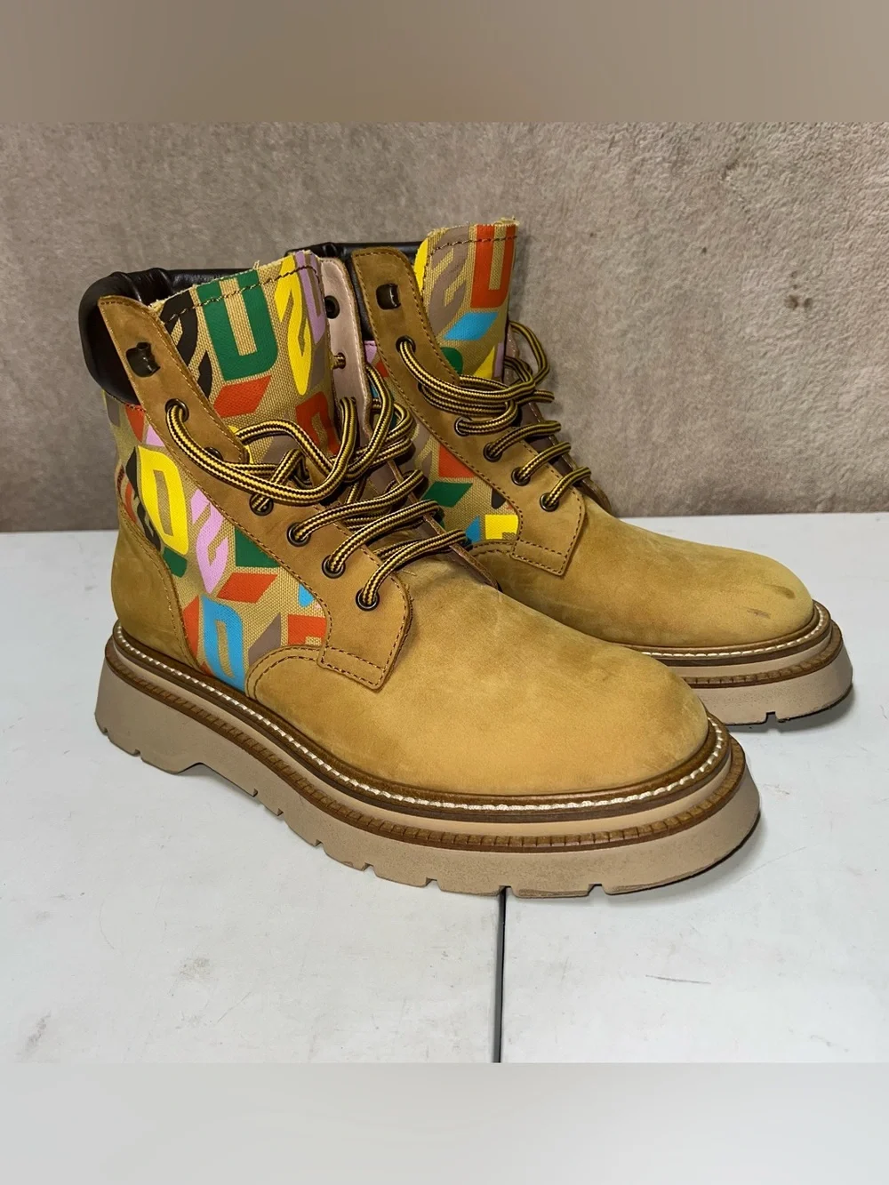 Dsquared2 D2 Monogram Ankle Boots Mens Size EU 42 Beige Wheat Made In Italy